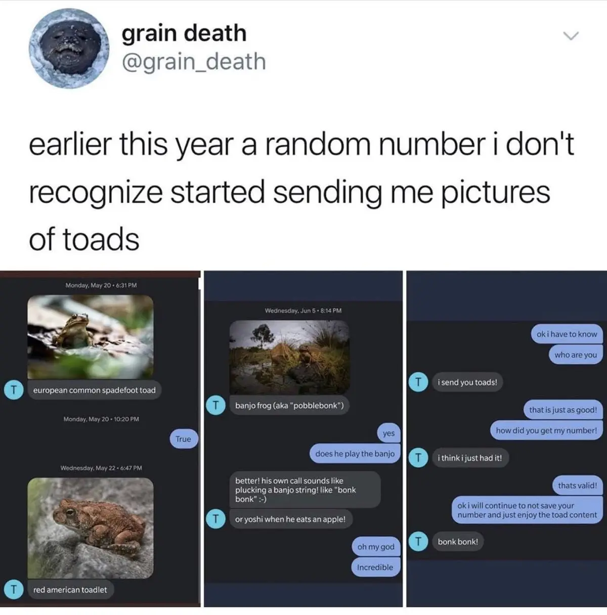 A screenshot of a Twitter post by 'grain death' showing three screenshots of a text conversation where an unknown contact…