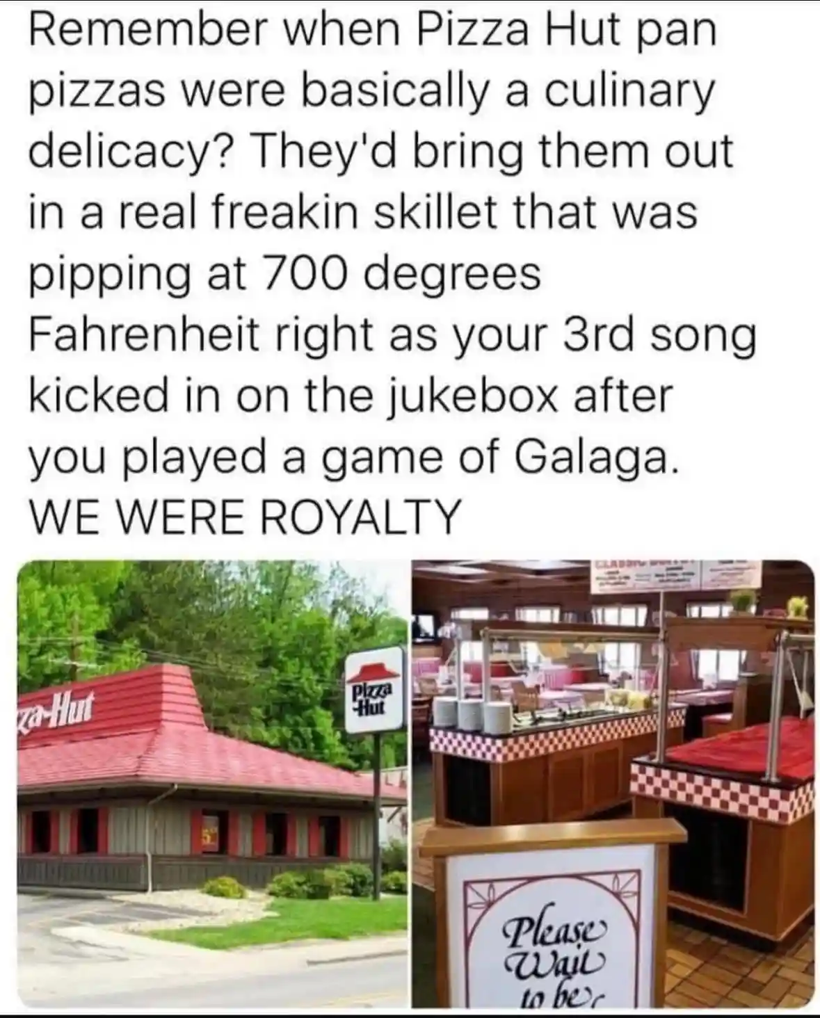 The image shows two photos: one of a classic Pizza Hut restaurant exterior with red roof and sign, and another of its…