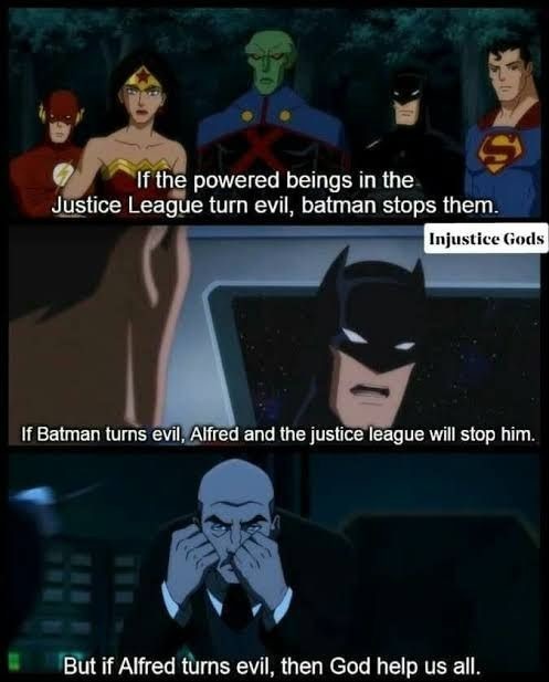A three-panel comic strip featuring Justice League members and Batman. The top panel shows Wonder Woman, Martian Manhunter…