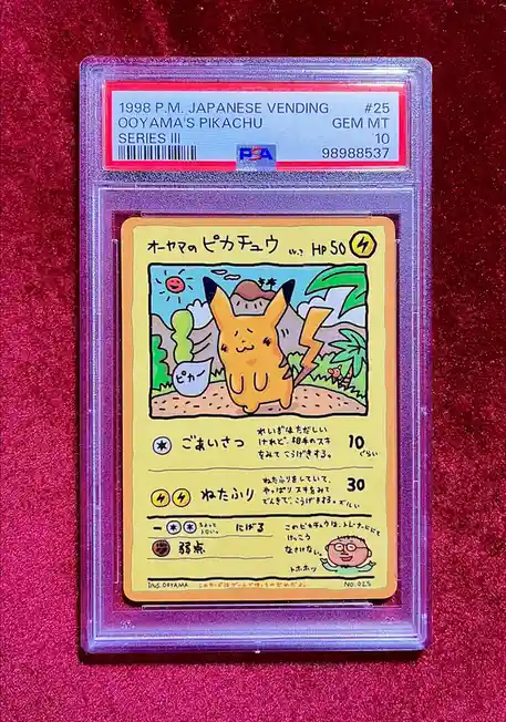 A 1998 Japanese vending machine Pikachu Pokémon card, graded GEM MT 10 by PSA, is shown in a protective case. The card…