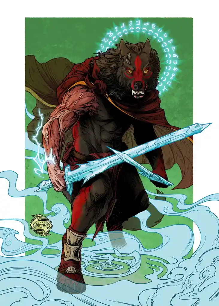 A muscular, anthropomorphic wolf with glowing yellow eyes and red markings on its face stands in a dynamic pose, wielding a…