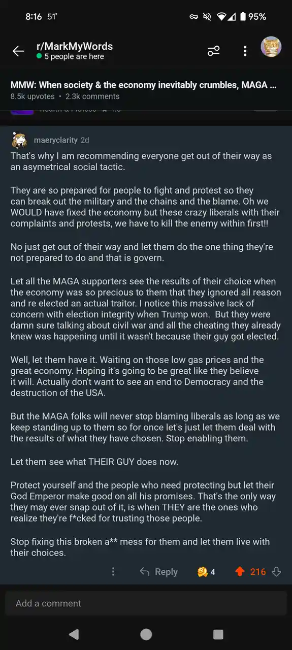 A screenshot of a Reddit comment from r/MarkMyWords, showing a user named 'maeryclarity' posting a long, inflammatory text…