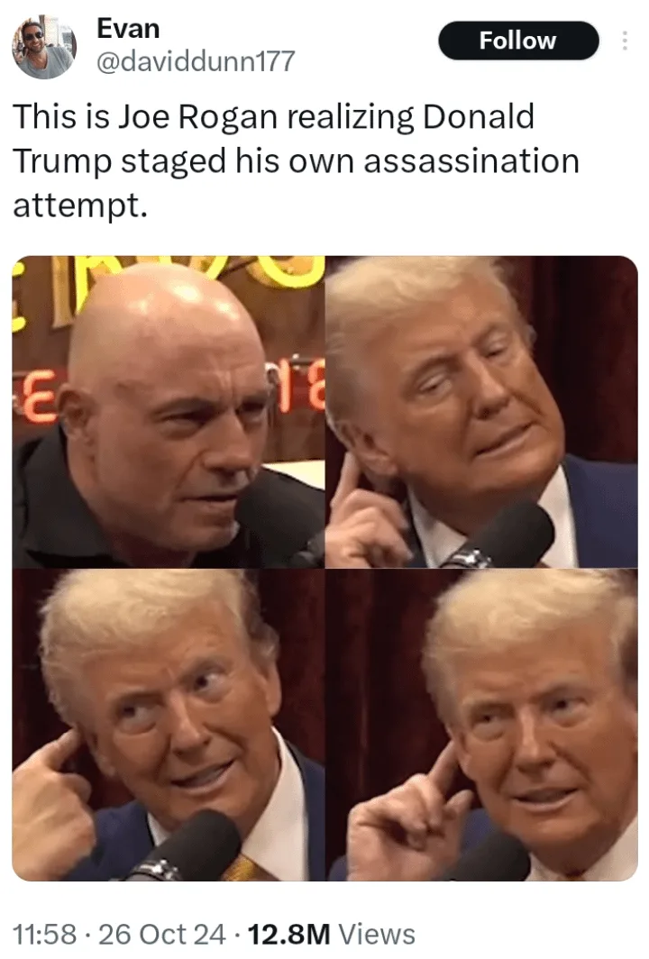 The image is a four-panel meme featuring Joe Rogan looking skeptical in the top-left panel and Donald Trump in three panels…