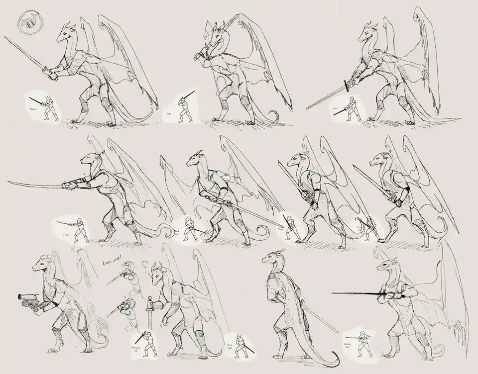 A black-and-white sketch sheet shows a humanoid dragon character in various sword-fighting poses, each accompanied by a…