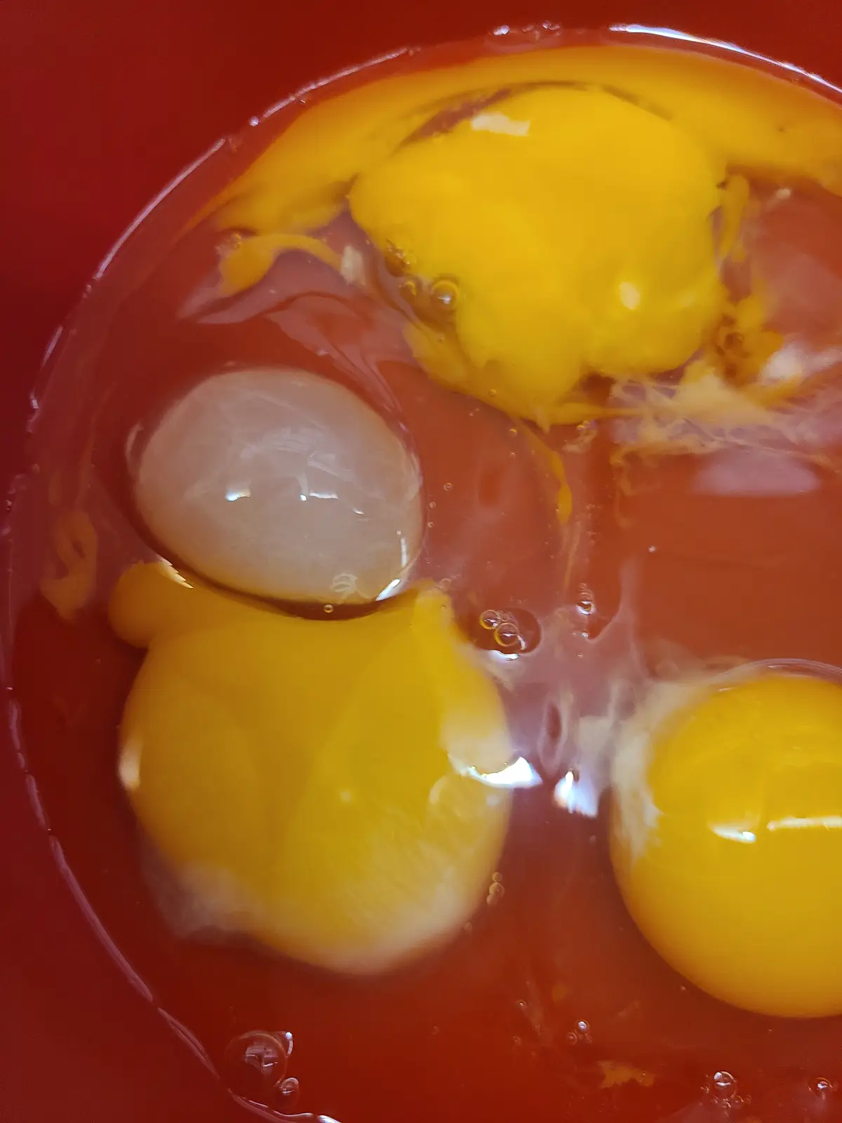 A close-up photo shows four egg yolks in a red bowl, with one yolk appearing pale and translucent, contrasting with the…