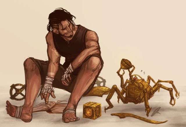 A muscular man in a black tank top and bandages sits on the ground, looking defeated, next to a golden crab holding a…