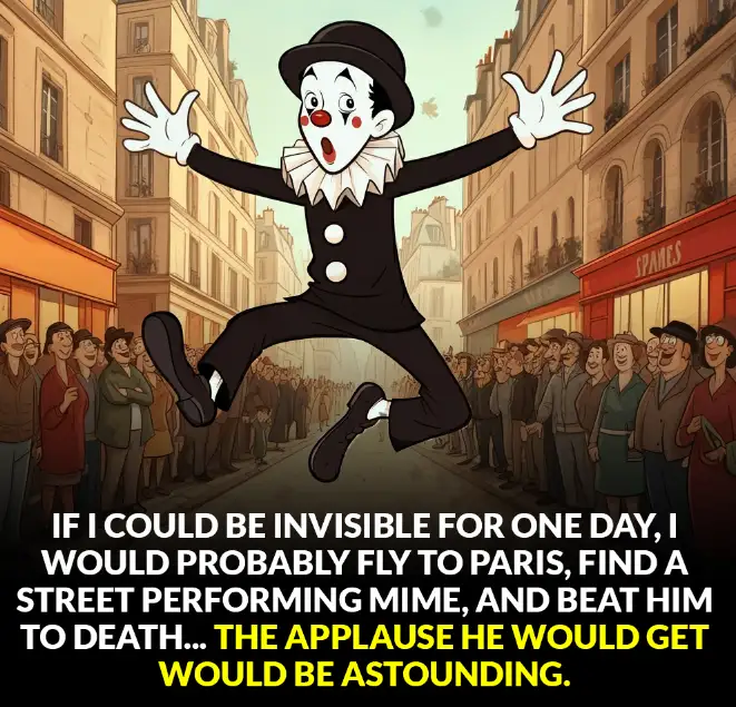 A cartoon mime in a black suit and white ruffled collar leaps mid-air with arms outstretched, above a crowd of onlookers in…
