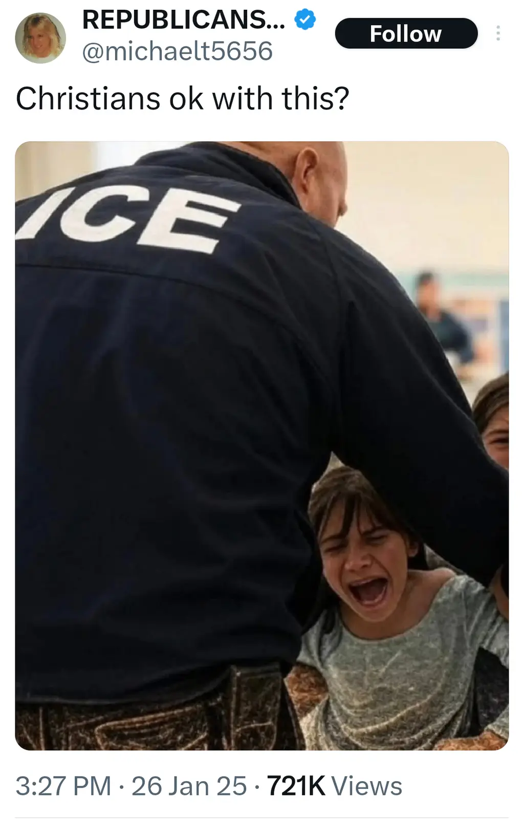 A screenshot of a tweet from a verified account named 'REPUBLICANS...' shows a photo of a bald man in a dark blue jacket…