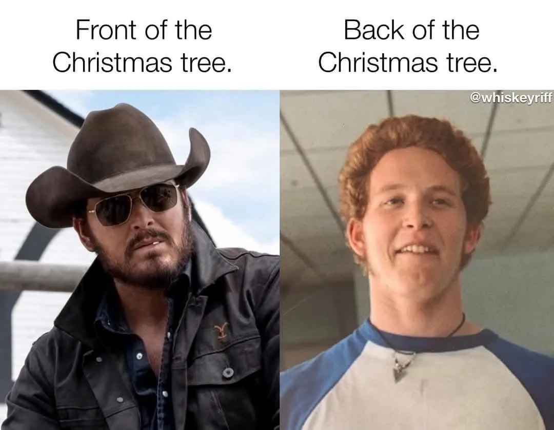 The image is split into two panels. The left panel shows a man wearing a cowboy hat and sunglasses, looking serious, with…