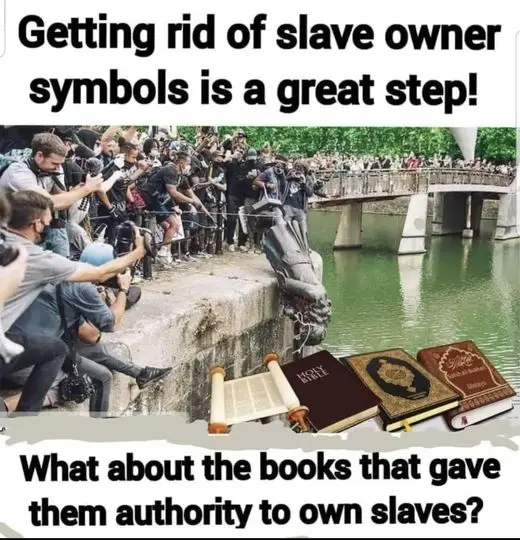 A crowd of people is shown pulling down a statue of a historical figure into a river. At the bottom, several books are…
