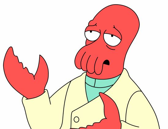 A red, cartoonish lobster-like character with a bored expression, wearing a white lab coat over a teal shirt, holds up one…