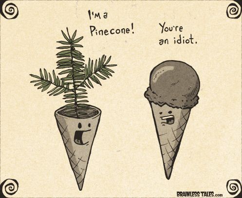 Two cartoon ice cream cones with faces are shown. The cone on the left holds a pine tree sprig and says 'I'm a Pinecone!'…