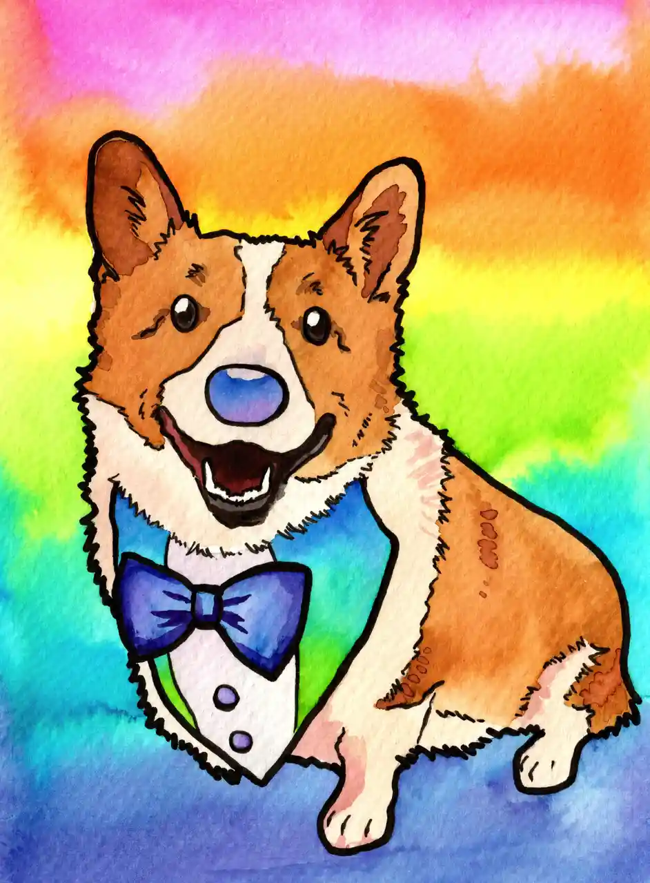 A watercolor illustration of a smiling corgi wearing a blue bowtie and a white tuxedo vest with purple buttons, set against…