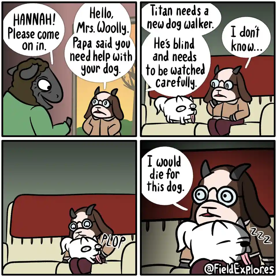 A four-panel comic strip featuring anthropomorphic animals. A sheep invites a dog named Hannah to help with her blind dog…