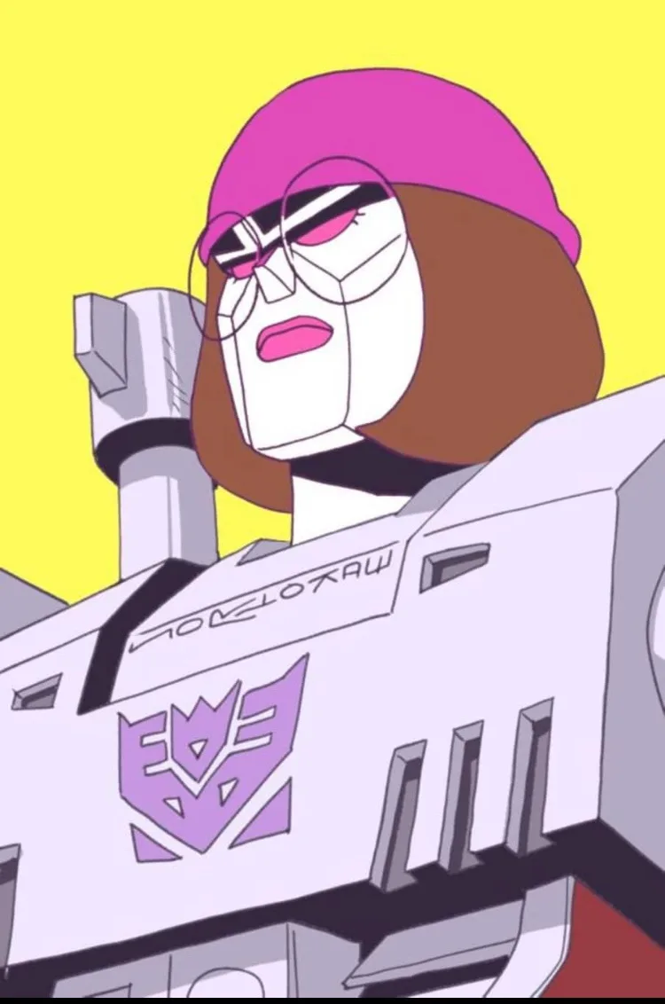 An anime-style female robot with brown hair, a pink beanie, and pink-rimmed glasses, wearing a white Transformer-like mech…