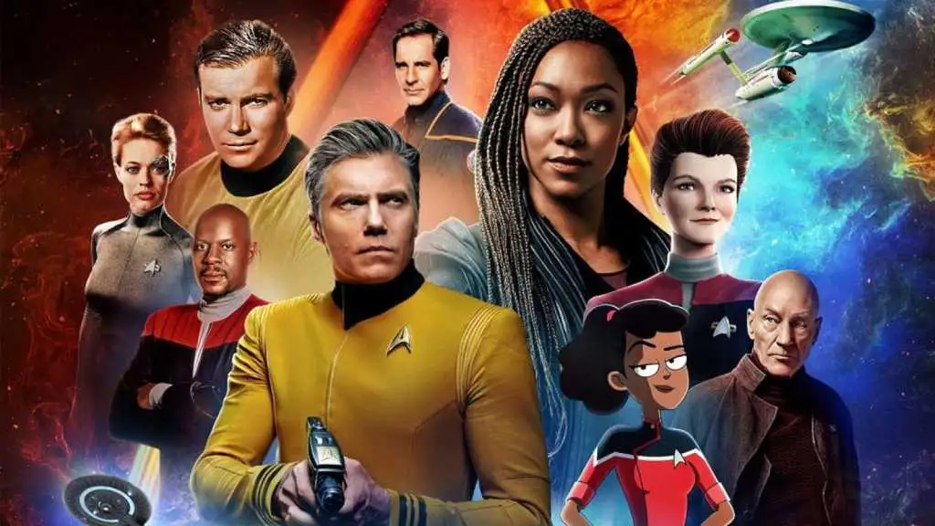A promotional collage featuring multiple Star Trek characters from different eras and media, including live-action actors…