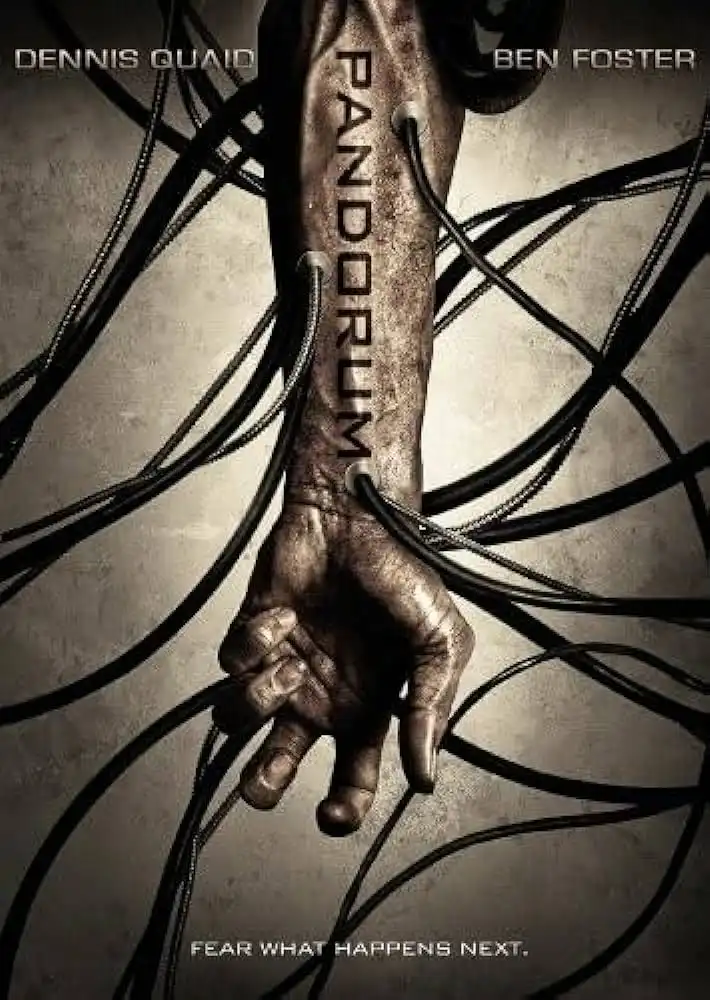 A movie poster for 'Pandorum' shows a dirty, grimy human arm and hand emerging from a tangle of black cables, with the title…