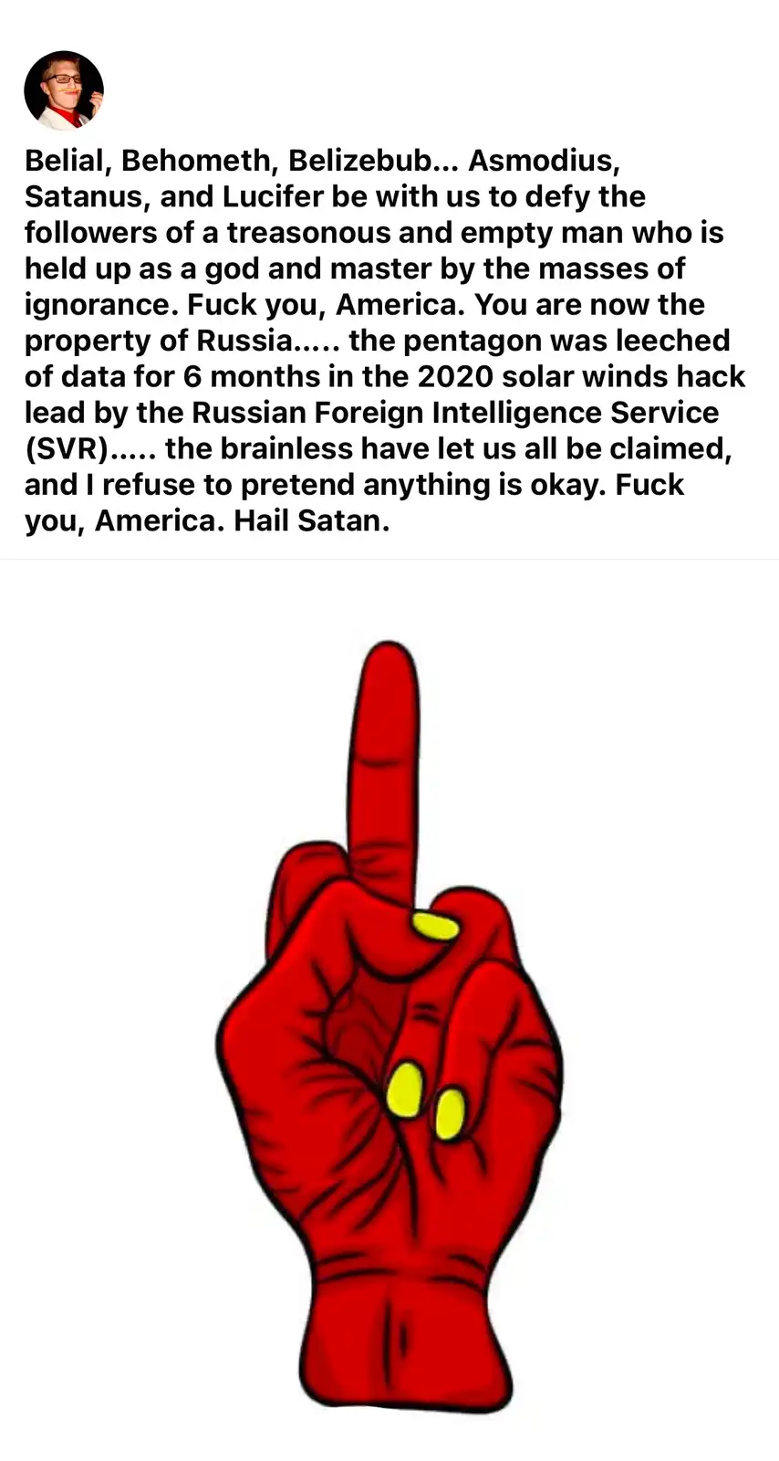A red cartoon hand with yellow fingernails makes a middle finger gesture against a white background. Overlaid text is a rant…