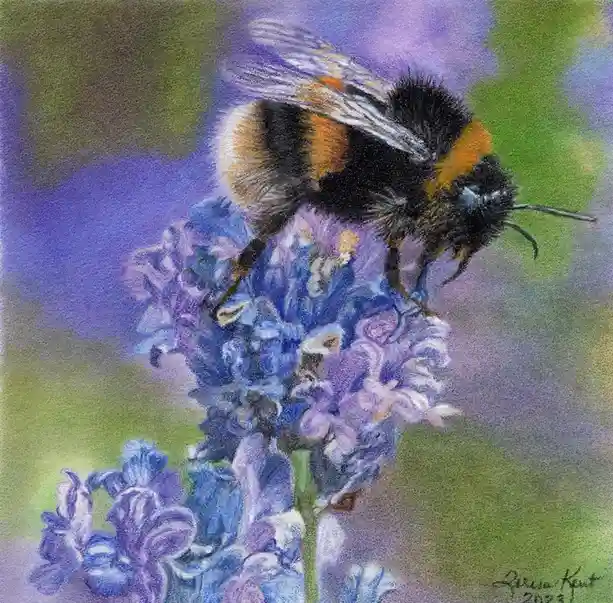 A detailed pastel drawing shows a bumblebee with black and orange stripes perched on a cluster of purple-blue flowers…