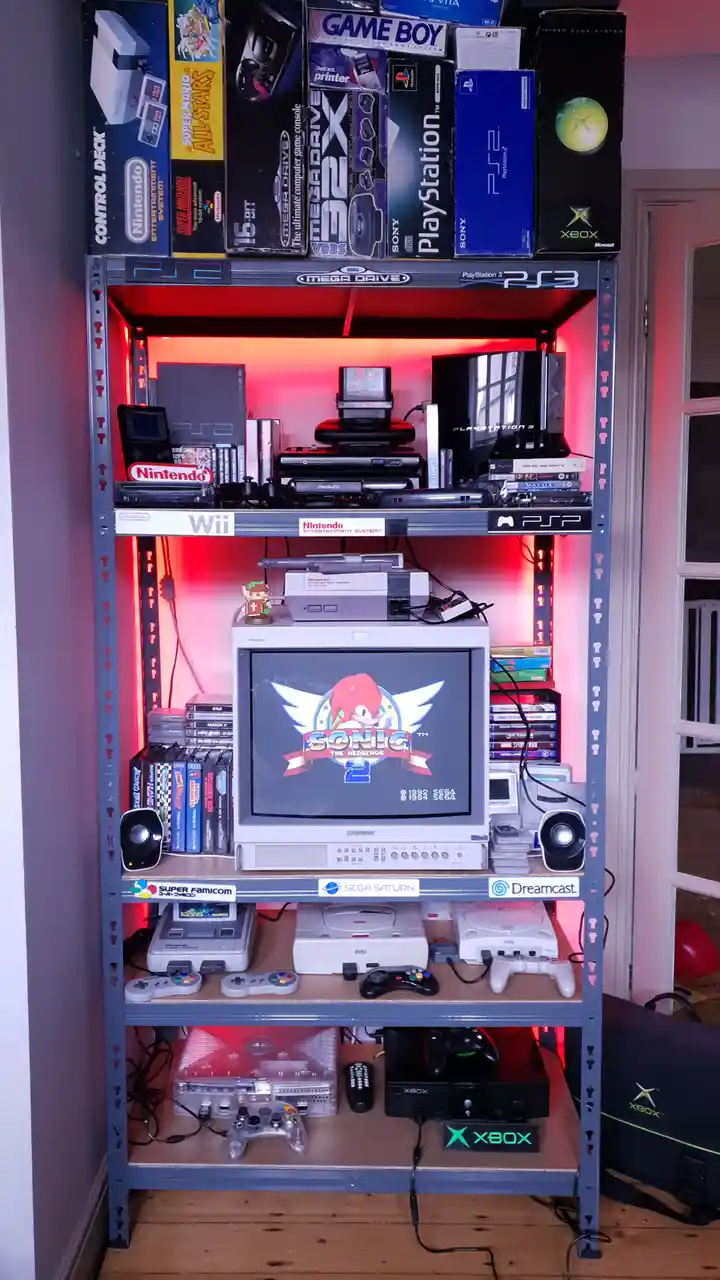 A tall, multi-tiered shelving unit filled with vintage video game consoles and accessories, illuminated by red LED lights…