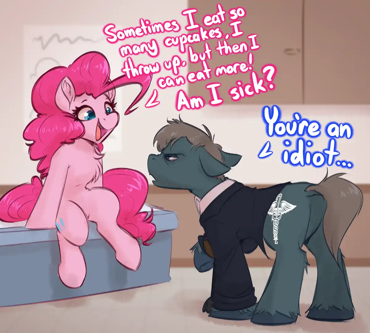 A pink pony with a fluffy mane sits on a medical examination table, looking up at a dark-skinned pony in a doctor's coat…