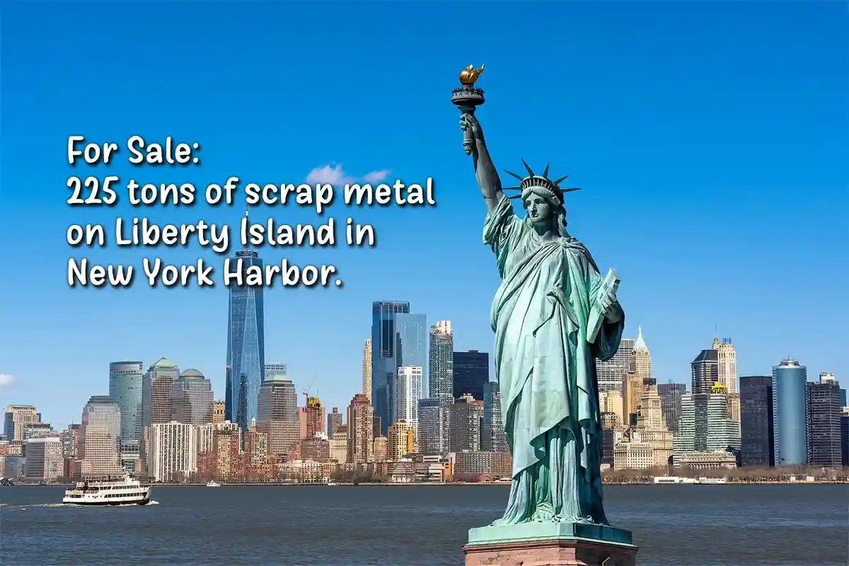 The image shows the Statue of Liberty standing on Liberty Island with the New York City skyline in the background under a…