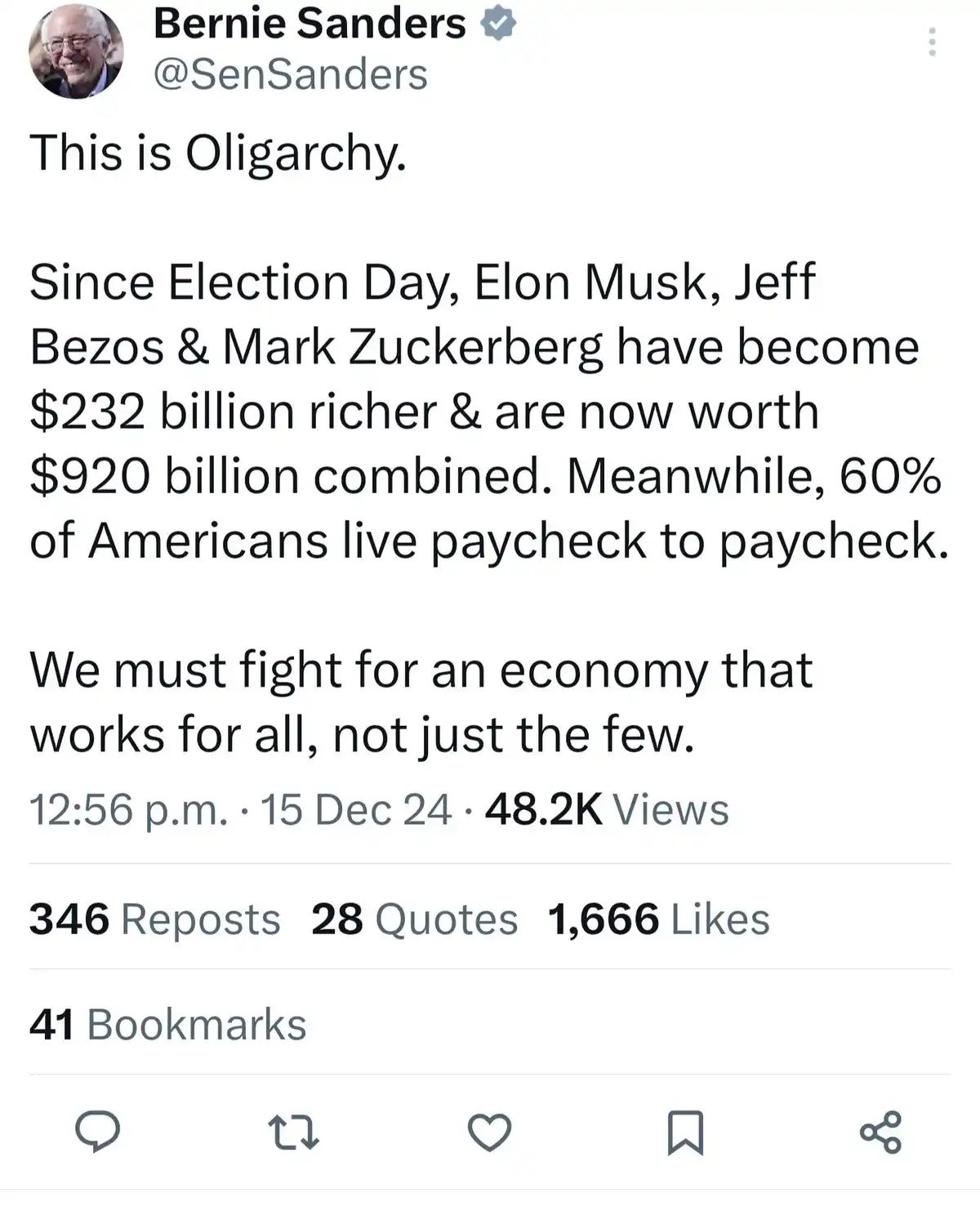 A screenshot of a verified Twitter post by Bernie Sanders (@SenSanders) displaying a tweet that states 'This is Oligarchy.'…