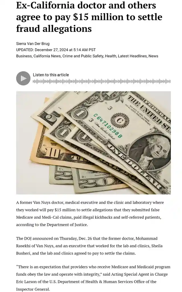 A news article screenshot shows a headline about an ex-California doctor and others settling fraud allegations by paying $15…