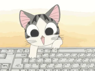 A six-frame animated GIF shows a cartoon cat with large eyes and pink inner ears sitting on a keyboard. The cat initially…