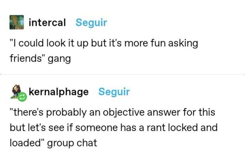 A screenshot of two Discord messages from users 'intercal' and 'kernalphage' in a channel named 'Seguir'. The first message…