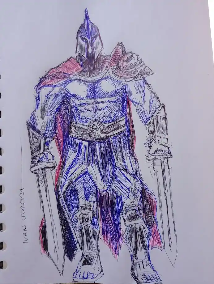A hand-drawn sketch on spiral notebook paper depicts a heavily armored, muscular knight in a full helmet, holding two…