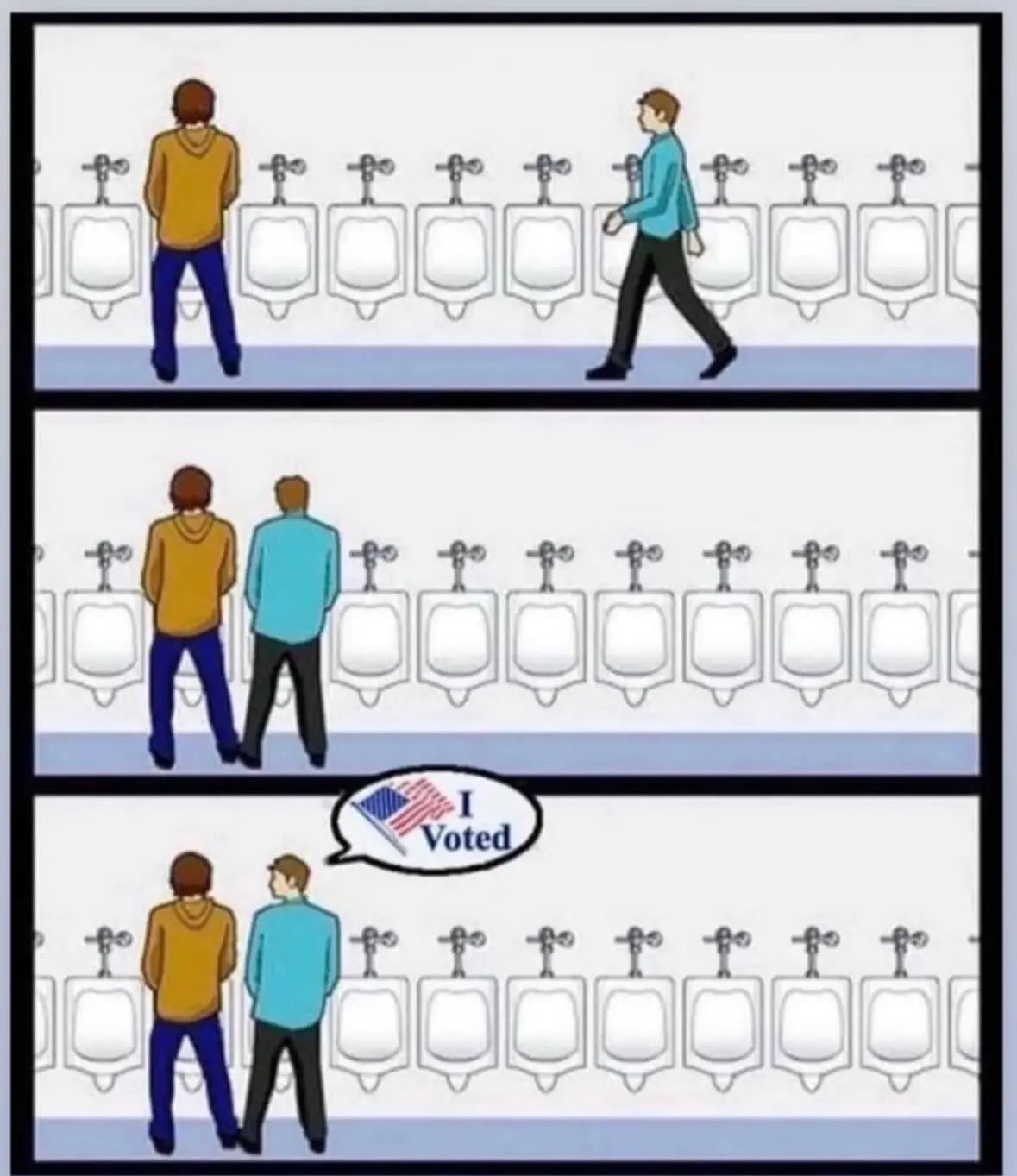 Three-panel comic strip showing a man in a yellow hoodie using a urinal, then another man in a blue shirt walks up and…