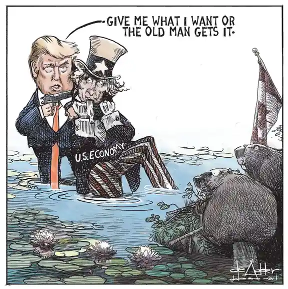 A cartoon depicts Donald Trump holding a gun to Uncle Sam's head, who is labeled 'U.S. ECONOMY' and seated in water with…