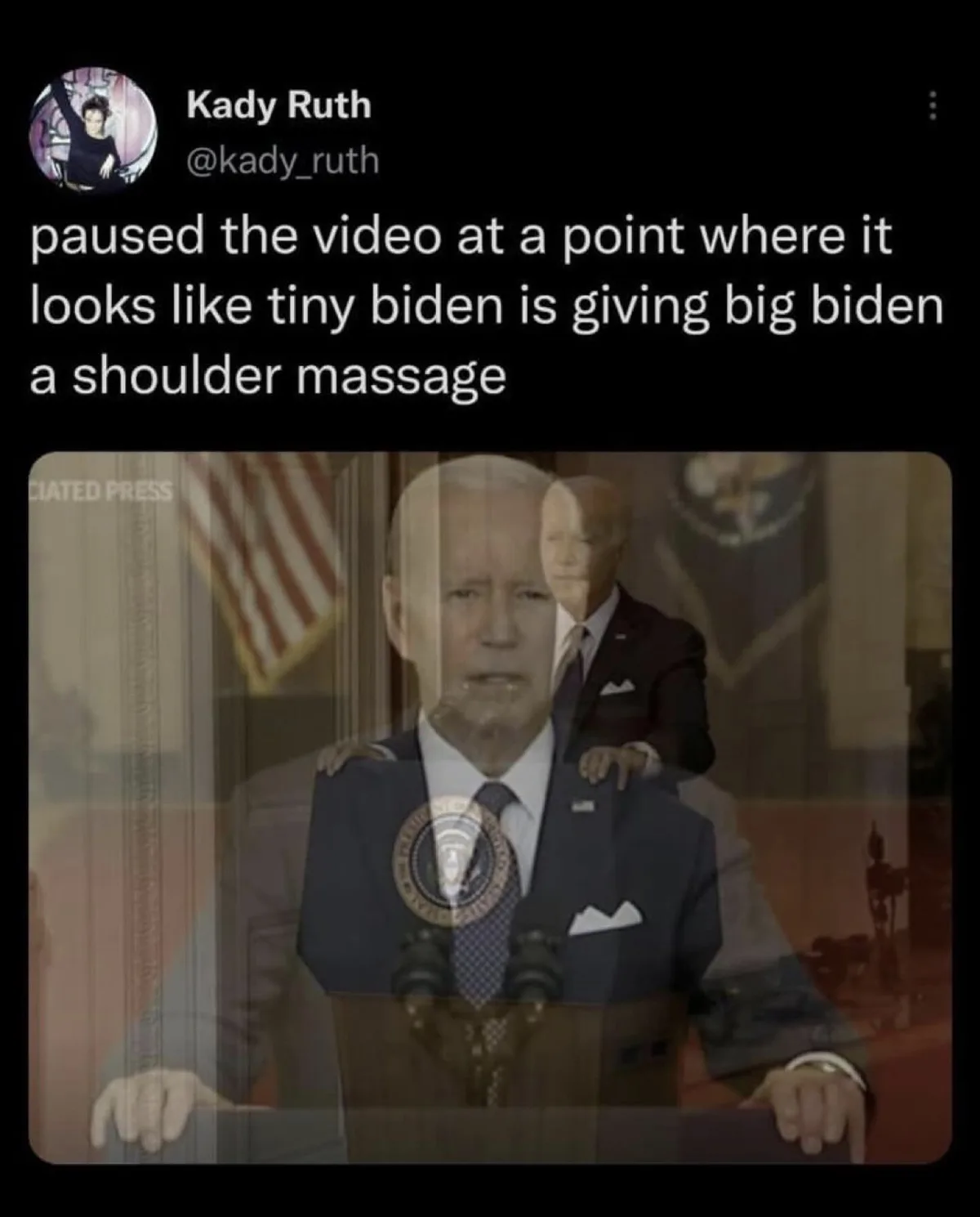 The image shows a paused video frame of Joe Biden speaking at a podium, with a faint, translucent overlay of a younger…