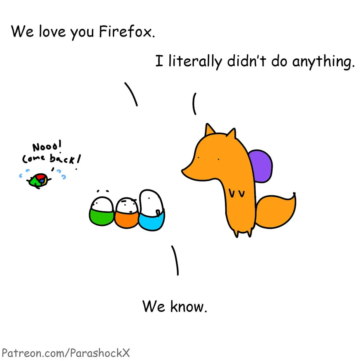 A cartoon orange fox with a purple backpack stands facing three small, colorful, egg-shaped characters. The fox says, 'I…