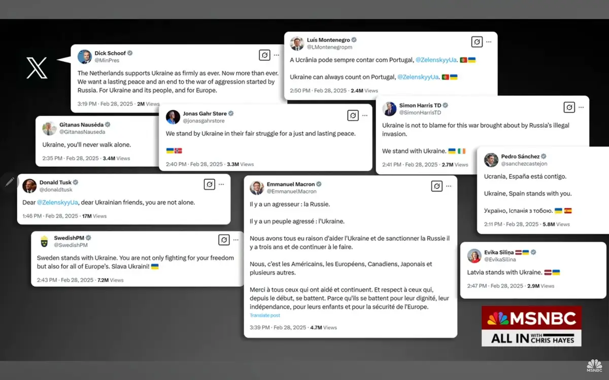 A collage of multiple Twitter/X posts from European leaders like Macron, Tusk, and Sanchez, all expressing solidarity with…