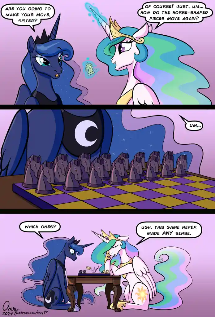 Two ponies, one dark blue and one light with a rainbow mane, are playing chess. The light pony, visibly confused, asks how…