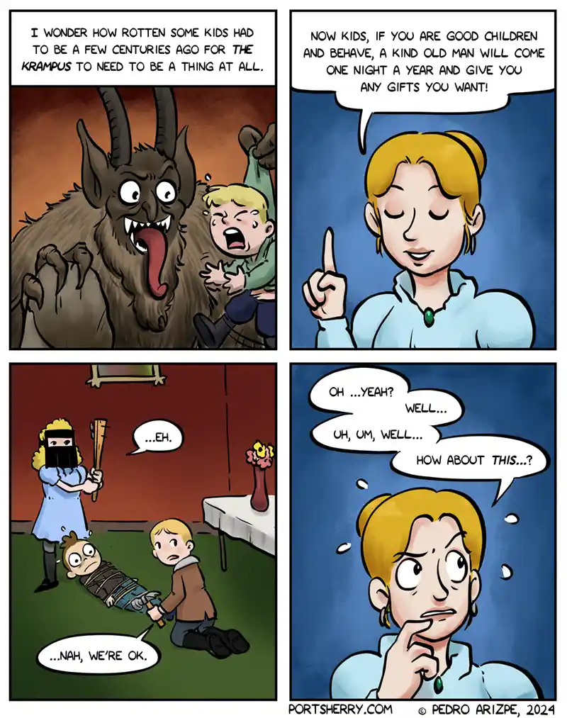 A four-panel comic strip depicts a mother explaining the Krampus myth to her children. In the first panel, a monstrous…