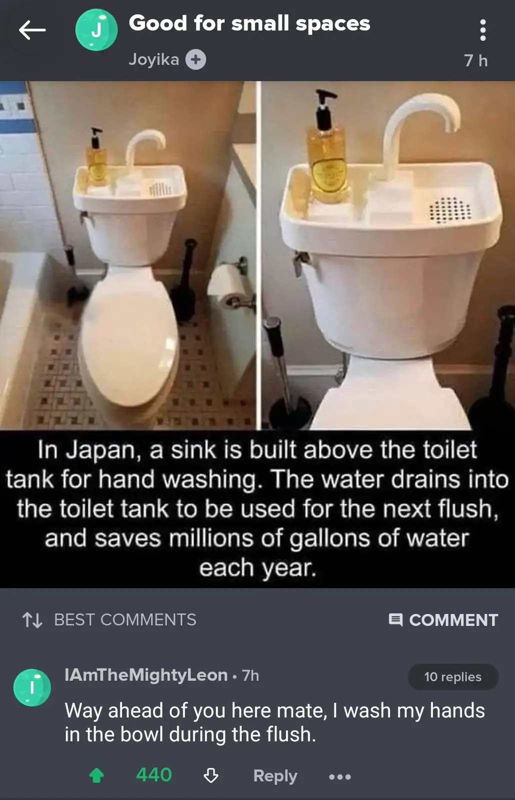The image shows a split-screen of a toilet with a sink built into its tank, featuring a faucet and soap dispenser. The text…