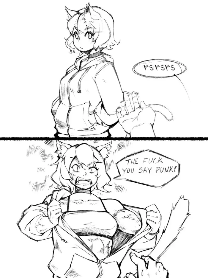 A two-panel black-and-white anime-style comic. Top panel: a cat-eared girl in a hoodie looks annoyed as a hand gestures…