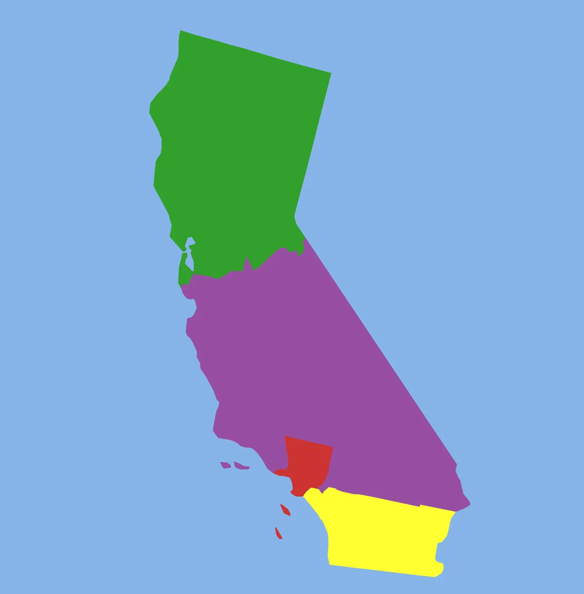 A stylized map of California divided into three color-coded regions: the northern part is green, the central part is purple…
