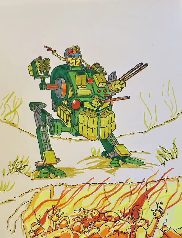 A hand-drawn illustration shows a green and yellow mech with a frog pilot in a helmet pointing forward. The mech has…