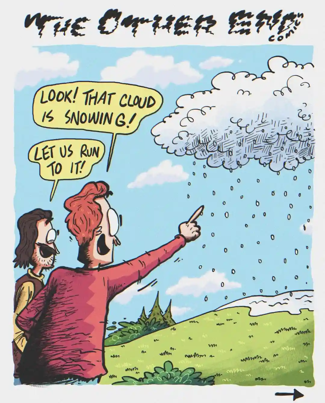Two cartoon characters stand on a grassy hill under a blue sky, pointing excitedly at a large cloud that is visibly dropping…