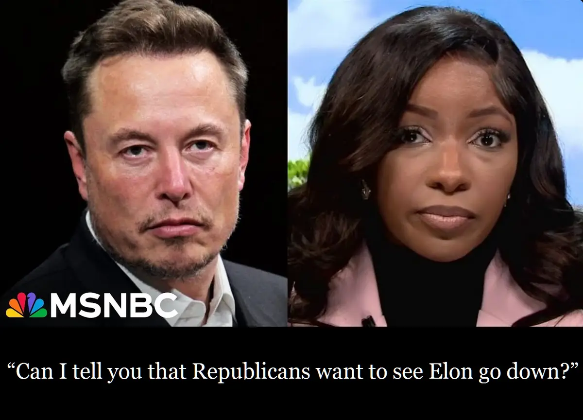 The image displays two side-by-side headshots: on the left, Elon Musk with a serious expression, overlaid with the MSNBC…