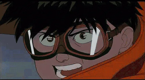 A six-panel anime sequence from 'Akira' shows a rider on an orange motorcycle speeding through a rainy city at night…