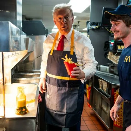 A man resembling Donald Trump, wearing a blue apron with yellow straps and a red tie, holds a red container of french fries…