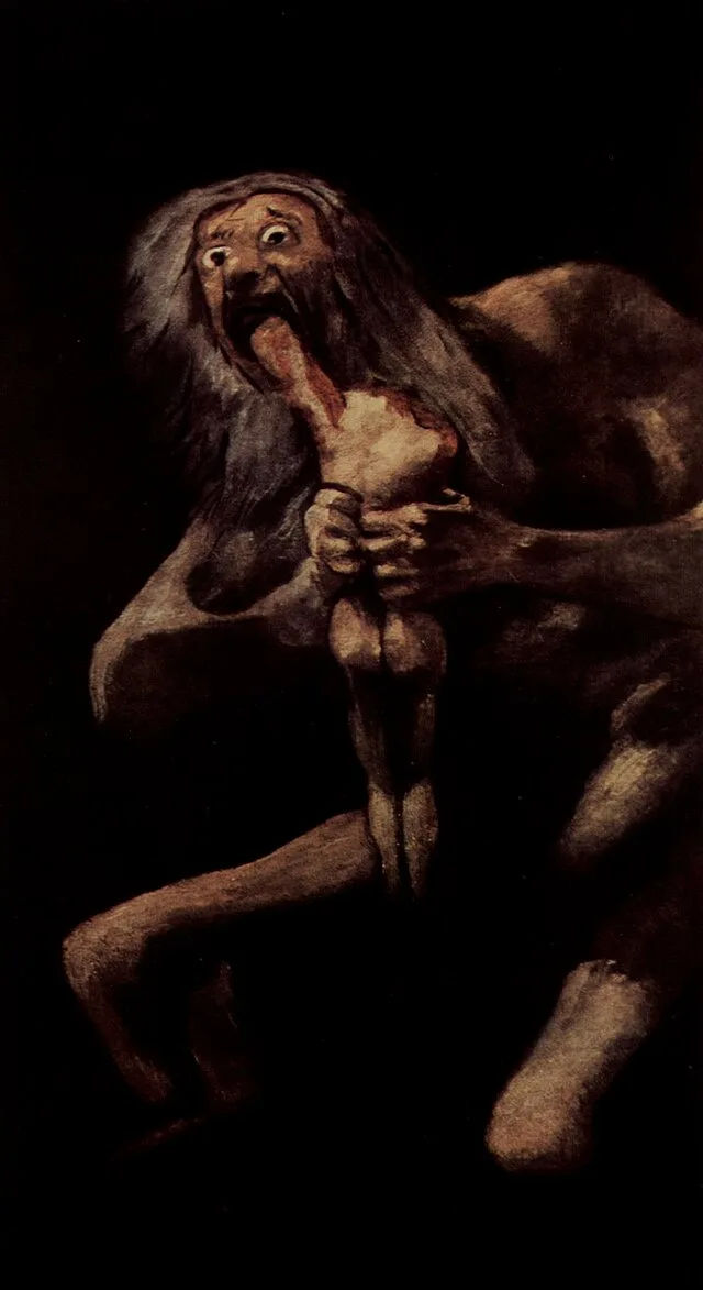 A dark, dramatic painting depicts a gaunt, hairy humanoid figure with a terrified expression, holding a small, nude…