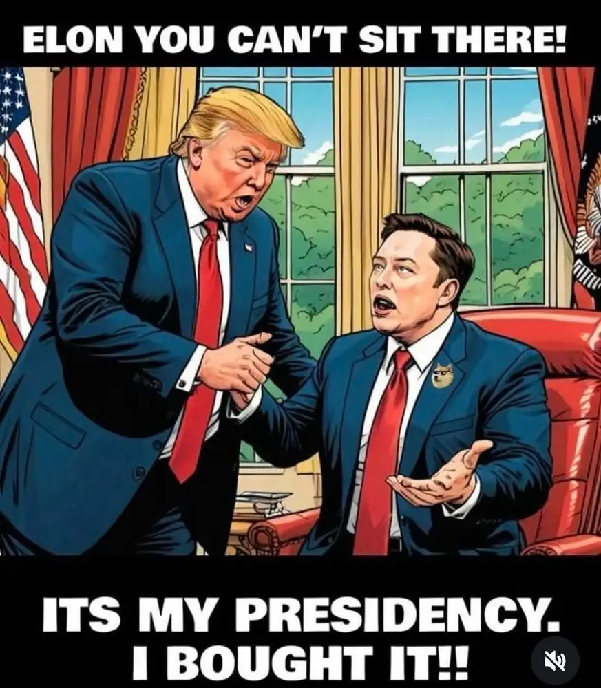 A cartoon image shows Donald Trump standing and yelling at Elon Musk, who is seated in a red presidential chair. Trump's…