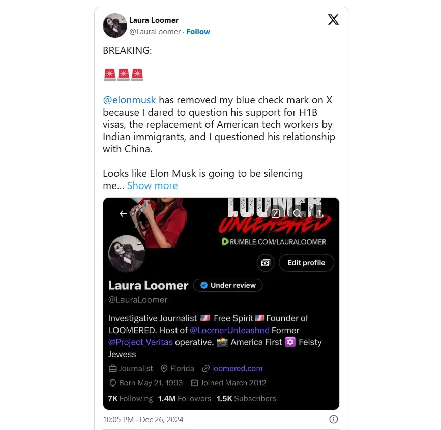 A screenshot of a tweet from Laura Loomer shows her claiming Elon Musk removed her blue checkmark on X (formerly Twitter)…