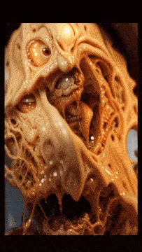 Six panels show a grotesque, biomechanical alien creature with multiple eyes, exposed teeth, and fleshy, organic textures in…
